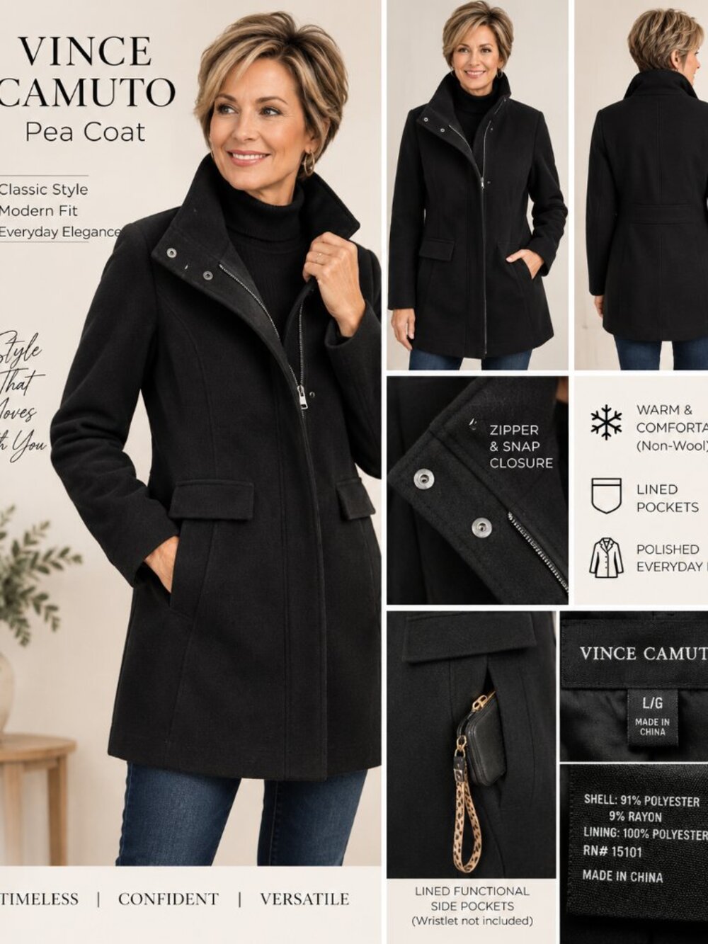 Vince Camuto Black Pea Coat Womens L Zip Snap Warm Lined NWOT